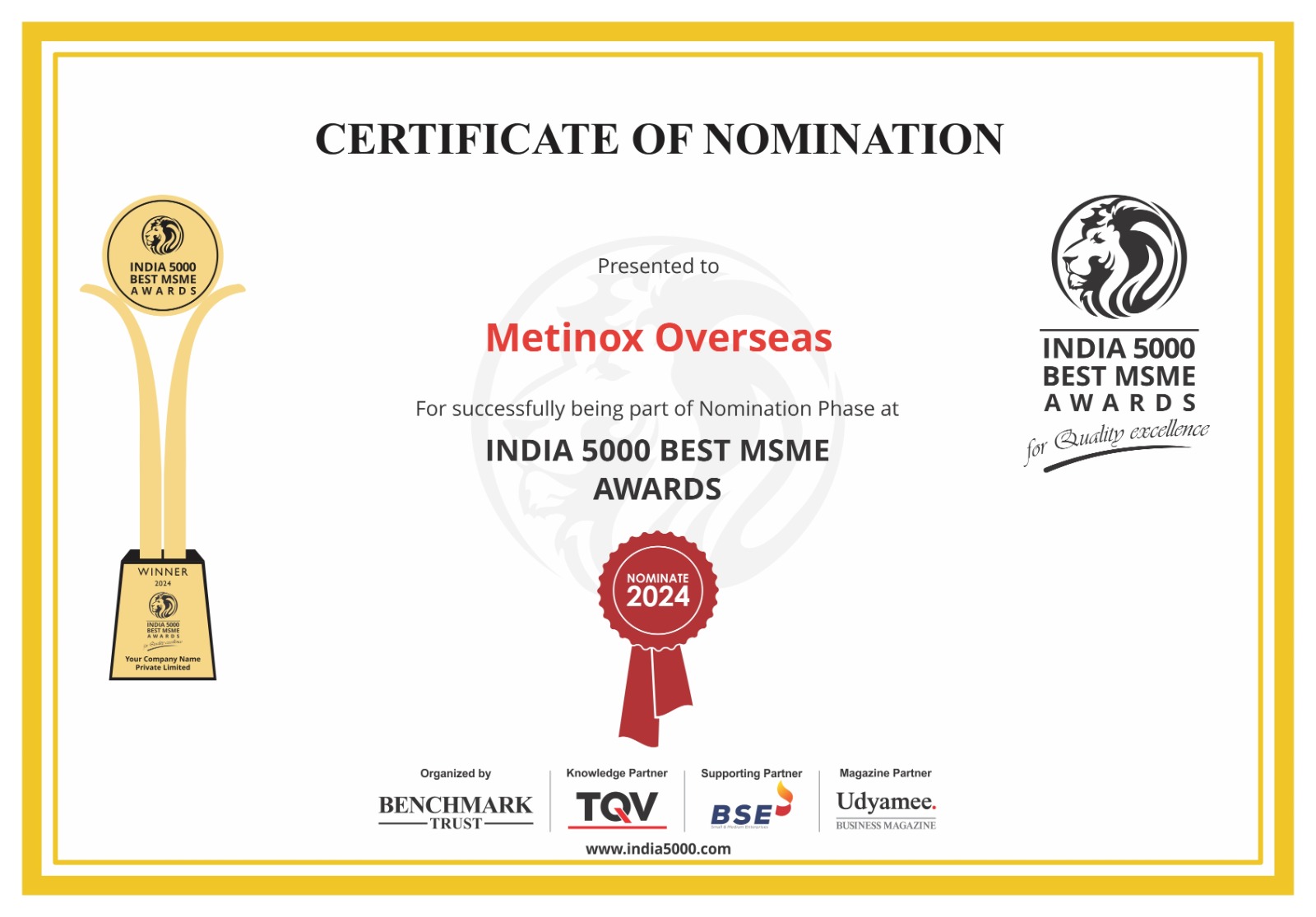 Metinox Overseas Certificate